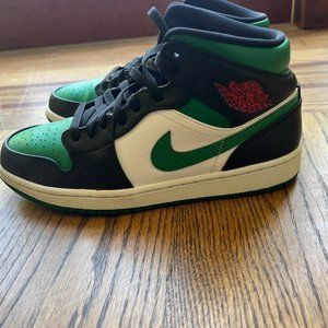Jordan 1 mid "Green Toe" black/pine green-white-gym red size 9.5